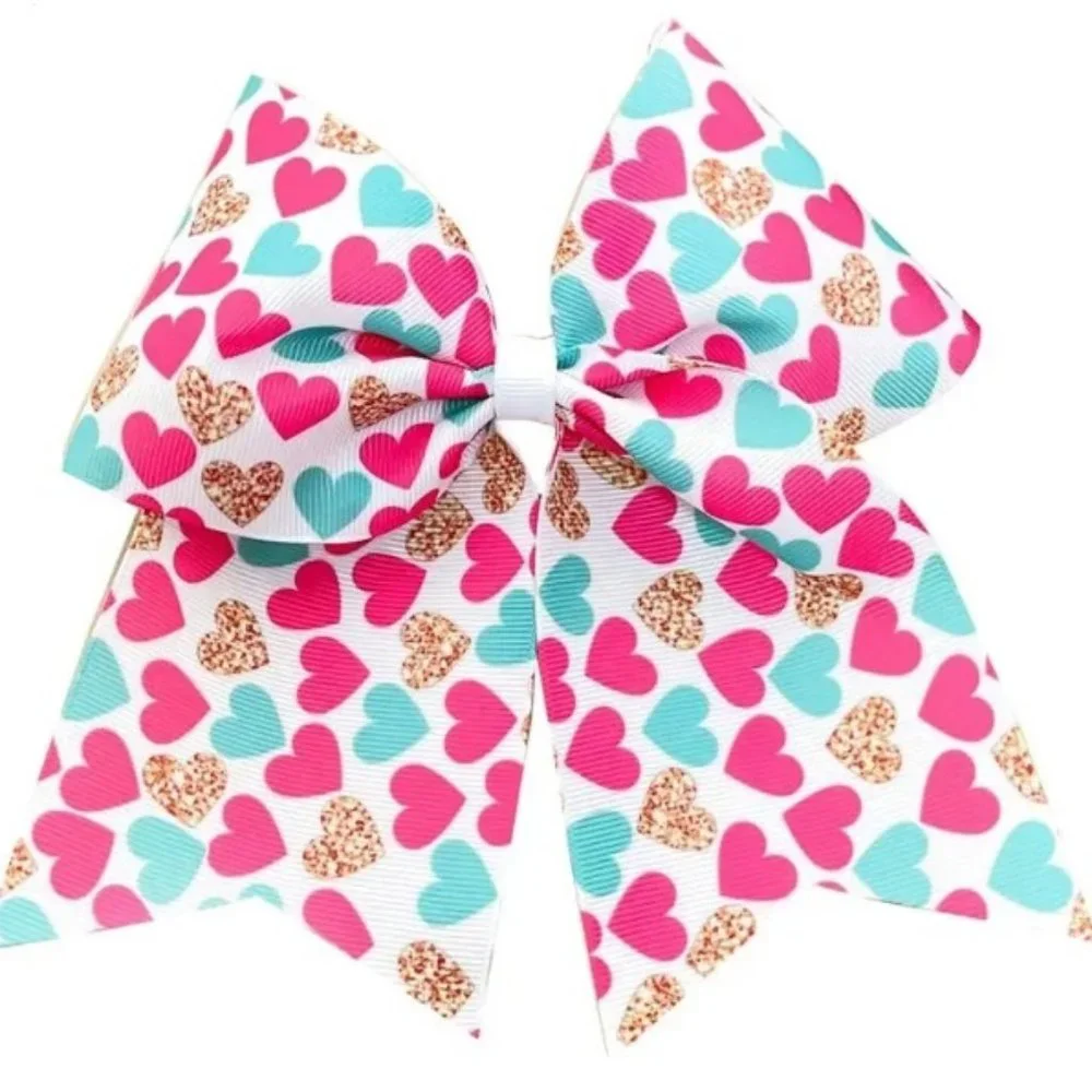 Girls Hair Tie Valentine's Day Hearts Bow 7 Inches